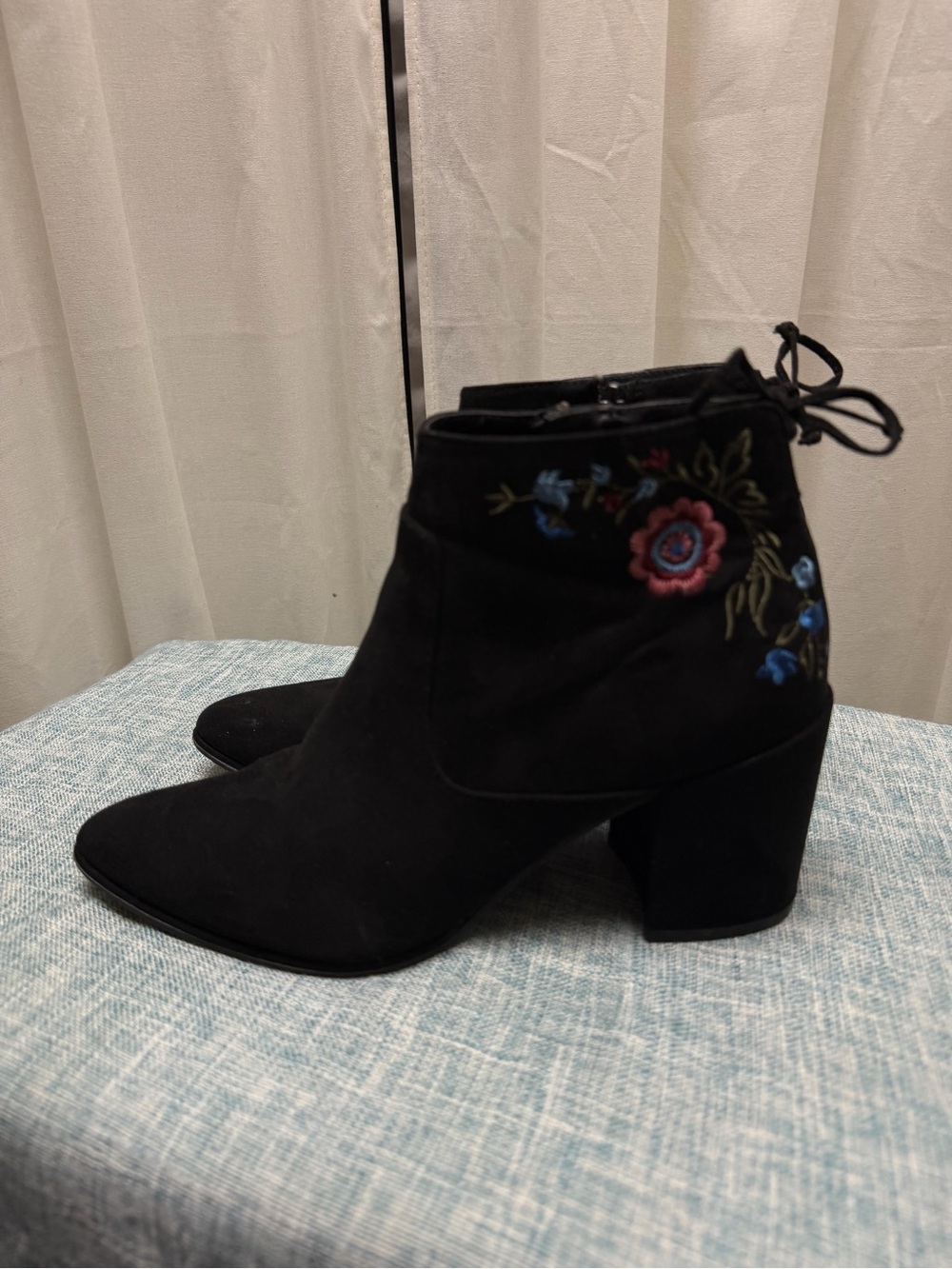 Unisa Black Suede Ankle Boots with Floral Embroidery